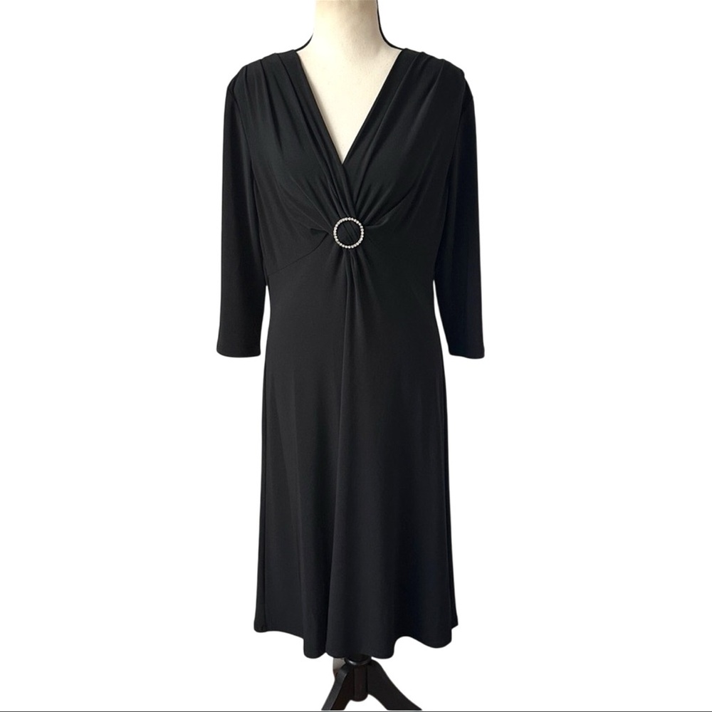 Evan Picone Black Dress A-Line Gathered Jewel 3/4‎ Sleeve 12P Evening Holiday